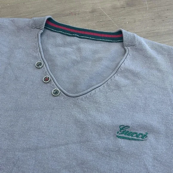 Gucci Sweater Mens Large Gray Wool Blend V Neck Pullover Logo Stripe Buttons - Picture 2 of 7